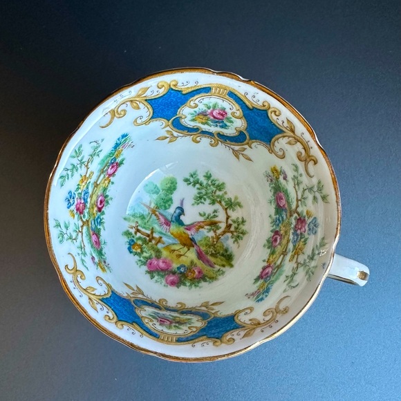 Foley English Bone China DEMITASSE Teacup Saucer ‘Broadway’ Bird Blue Scrolls - Picture 6 of 13